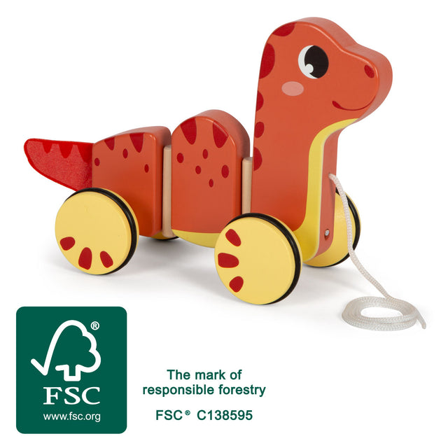 Dinozaur de Tras "Dino" – Jucărie din Lemn Certificat FSC cu Corp Flexibil din 3 Segmente și Roți de Cauciuc Silențioase, pen