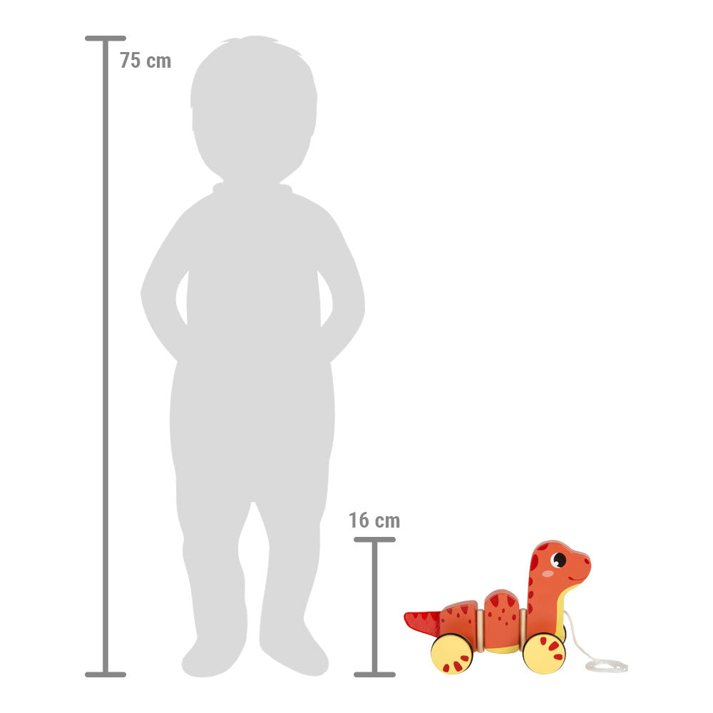 Dinozaur de Tras "Dino" – Jucărie din Lemn Certificat FSC cu Corp Flexibil din 3 Segmente și Roți de Cauciuc Silențioase, pentru Primii Pași