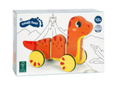 Dinozaur de Tras "Dino" – Jucărie din Lemn Certificat FSC cu Corp Flexibil din 3 Segmente și Roți de Cauciuc Silențioase, pentru Primii Pași