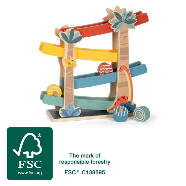 Pistă de Bile "Dino" – Jucărie de Activitate din Lemn Certificat FSC cu 4 Rampe și 4 Discuri, Design cu Dinozauri, pentru Cop