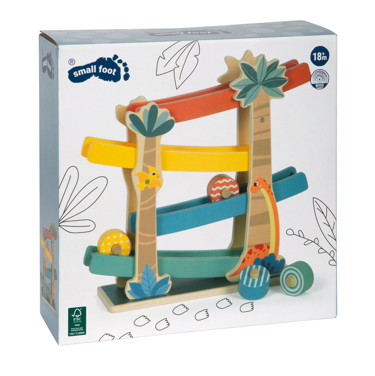 Pistă de Bile "Dino" – Jucărie de Activitate din Lemn Certificat FSC cu 4 Rampe și 4 Discuri, Design cu Dinozauri, pentru Copii