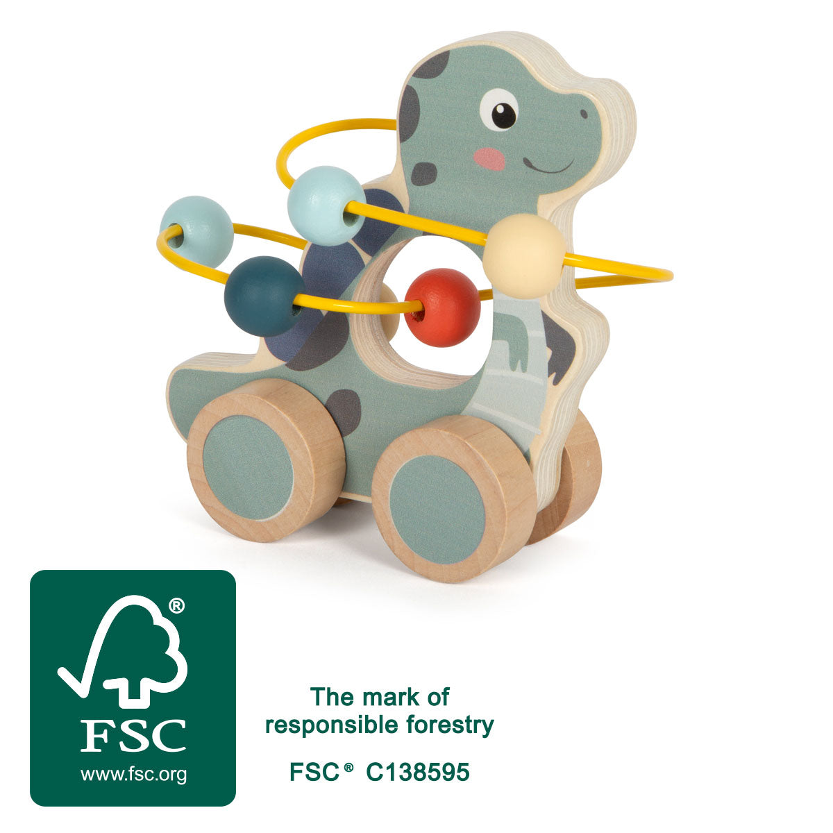 Dinozaur de Împins cu Labirint de Bile "Dino" FSC 100% Small Foot – Jucărie din Lemn Certificat pentru Copii, 6 Bile Colorate