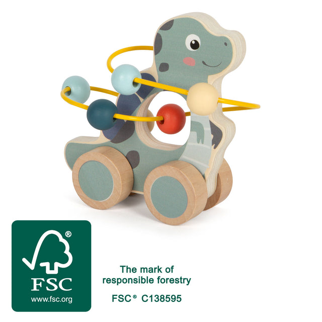 Dinozaur de Împins cu Labirint de Bile "Dino" FSC 100% Small Foot – Jucărie din Lemn Certificat pentru Copii, 6 Bile Colorate