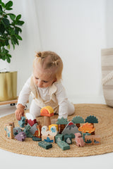 Cuburi de Construcție "Dino" FSC 100% – Set 50 Piese din Lemn Certificat, 6 Figurine Dinozauri T-Rex, Stegozaur, Triceratops
