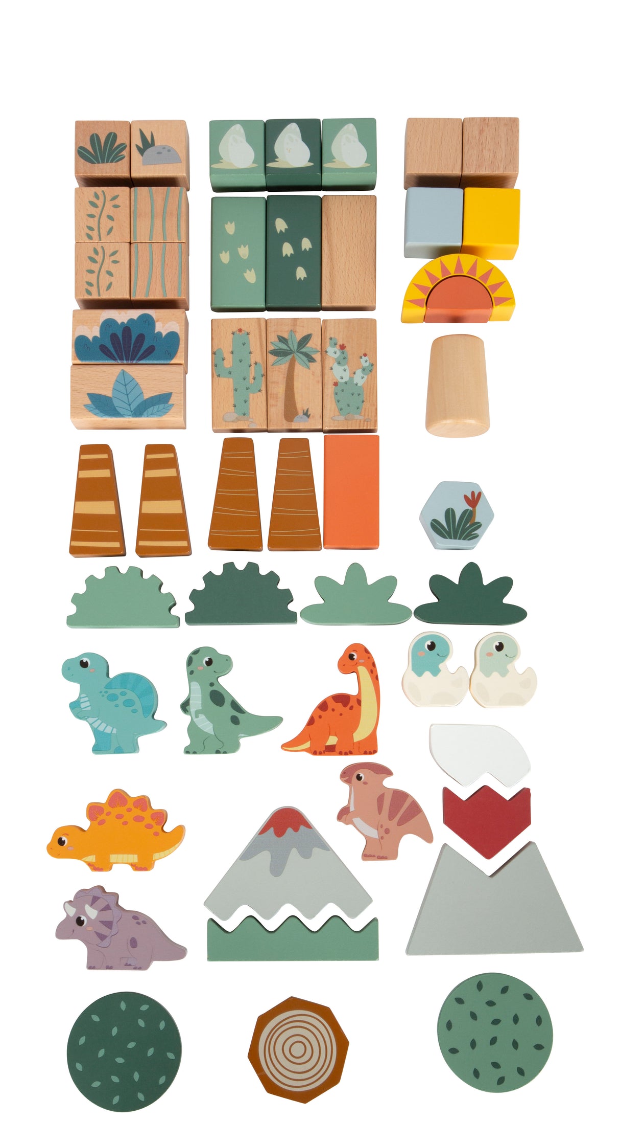 Cuburi de Construcție "Dino" FSC 100% – Set 50 Piese din Lemn Certificat, 6 Figurine Dinozauri T-Rex, Stegozaur, Triceratops