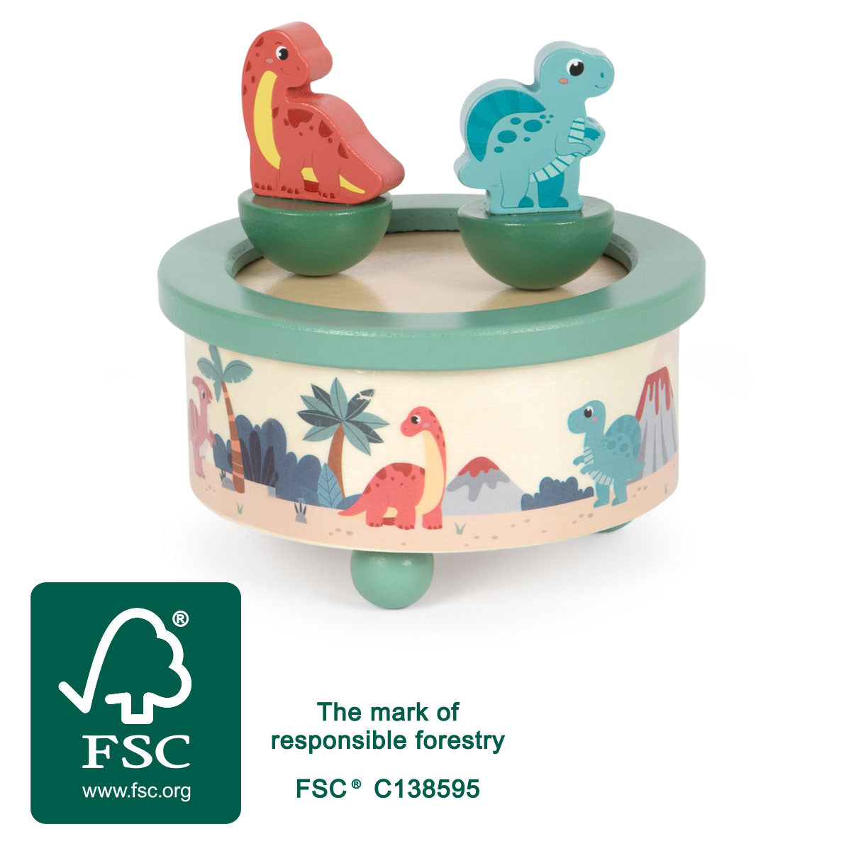Cutiuță Muzicală "Dino" FSC 100% Small Foot – Jucărie din Lemn Certificat pentru Copii, cu Figurine Dinozauri Magnetice și Me