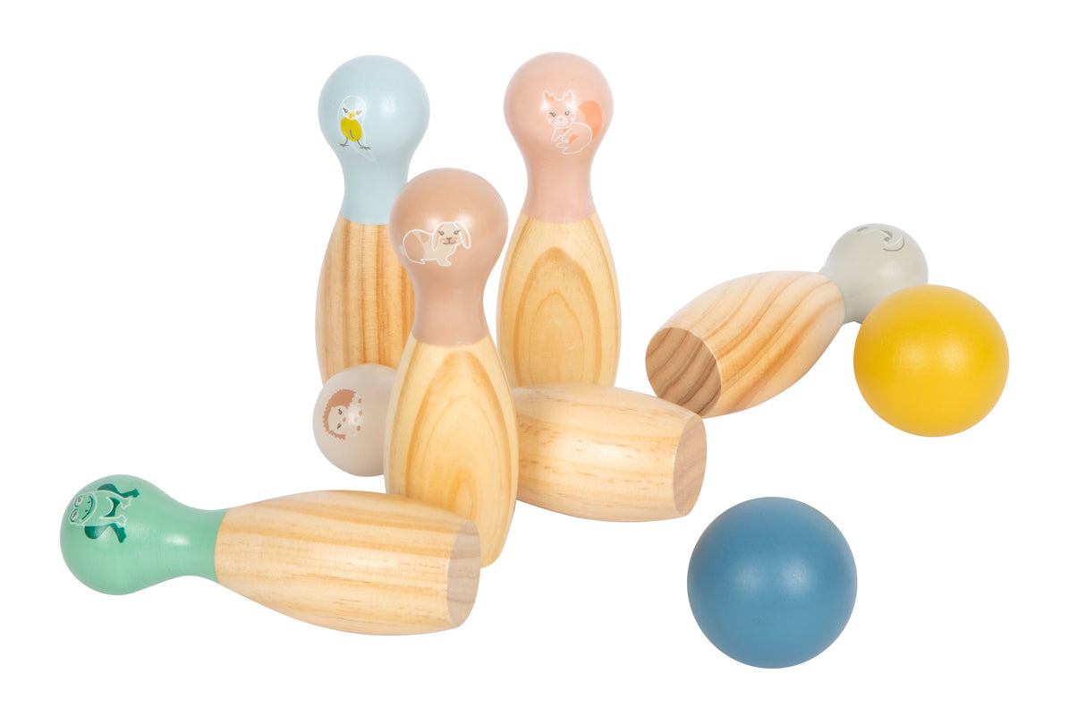Joc Bowling "Garden Buddies" – Set din Lemn cu 6 Popice și 2 Bile, Animale Grădină, Sacoșă de Transport, Pentru Interior și Exterior