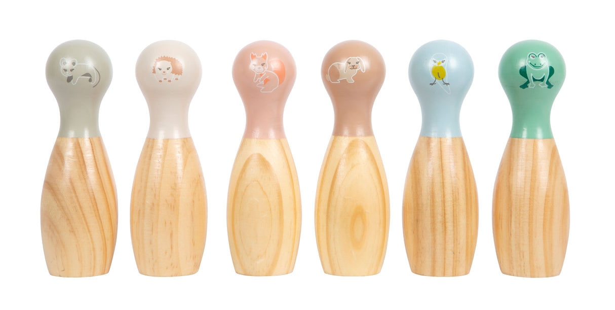 Joc Bowling "Garden Buddies" – Set din Lemn cu 6 Popice și 2 Bile, Animale Grădină, Sacoșă de Transport, Pentru Interior și Exterior