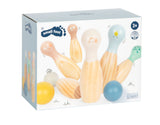 Joc Bowling "Garden Buddies" – Set din Lemn cu 6 Popice și 2 Bile, Animale Grădină, Sacoșă de Transport, Pentru Interior și Exterior