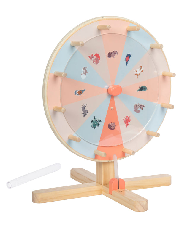 Roata Norocului "Garden Buddies" Small Foot – Joc din Lemn cu Panou Plexiglass Scrisibil, 2 Discuri cu Animale și Numere, Ide