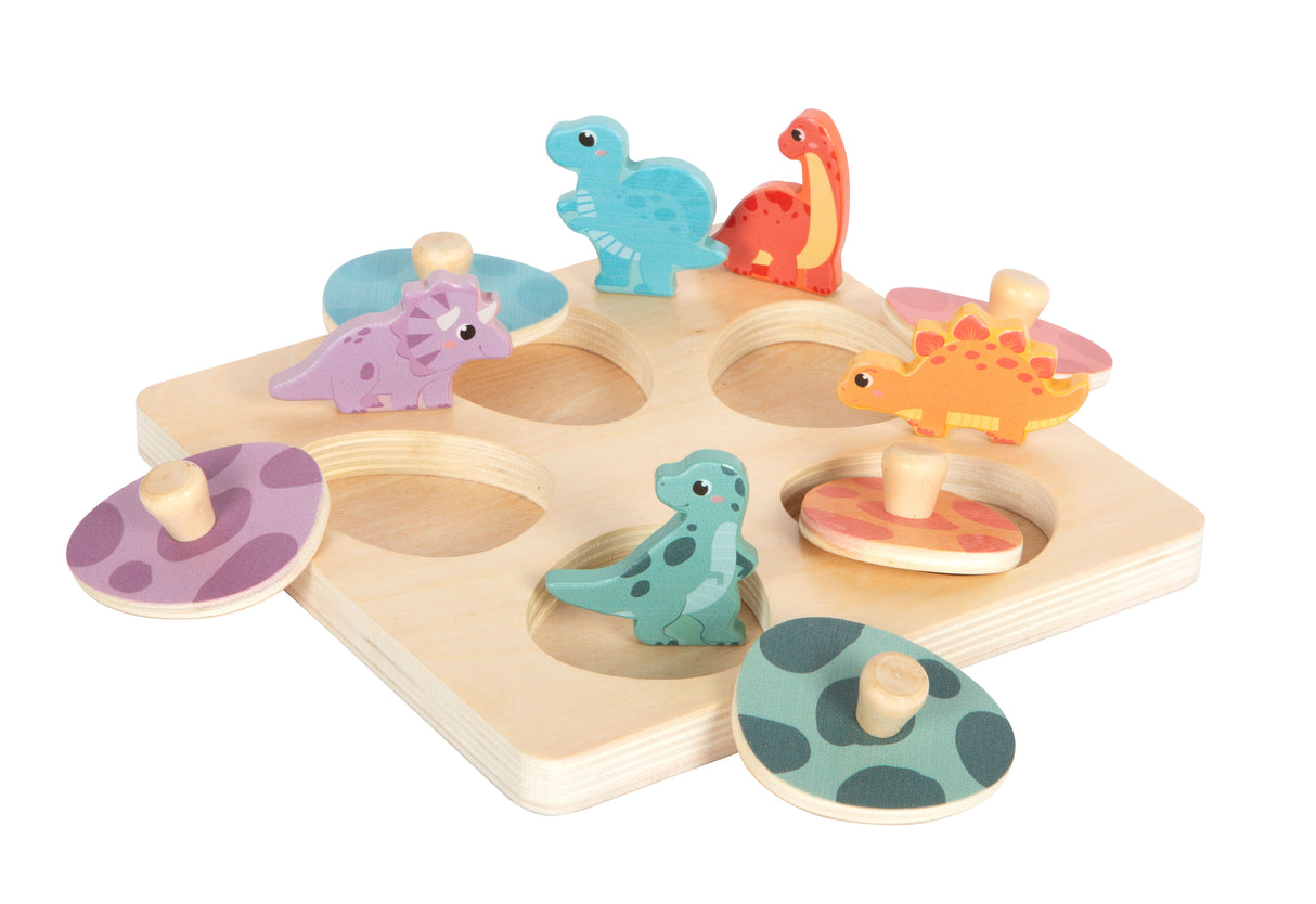 Puzzle Memory "Dino" – Jucărie din Lemn Certificat FSC cu Figurine de Dinozauri, Piese cu Buton de Prindere, Puzzle cu Efect Surpriză