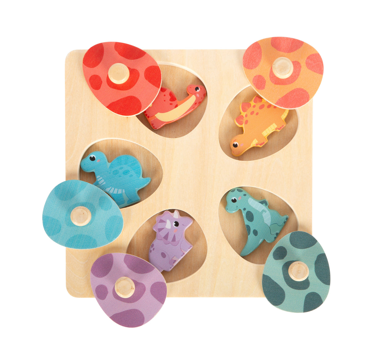 Puzzle Memory "Dino" – Jucărie din Lemn Certificat FSC cu Figurine de Dinozauri, Piese cu Buton de Prindere, Puzzle cu Efect Surpriză