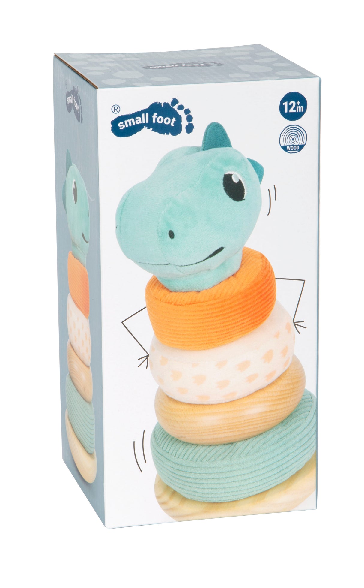 Turn de Stivuit "Dino" – Jucărie Modernă din Lemn și Pluș cu 4 Inele, Design cu Dinozaur, Bază care se Leagănă, Dezvoltă Motricitatea