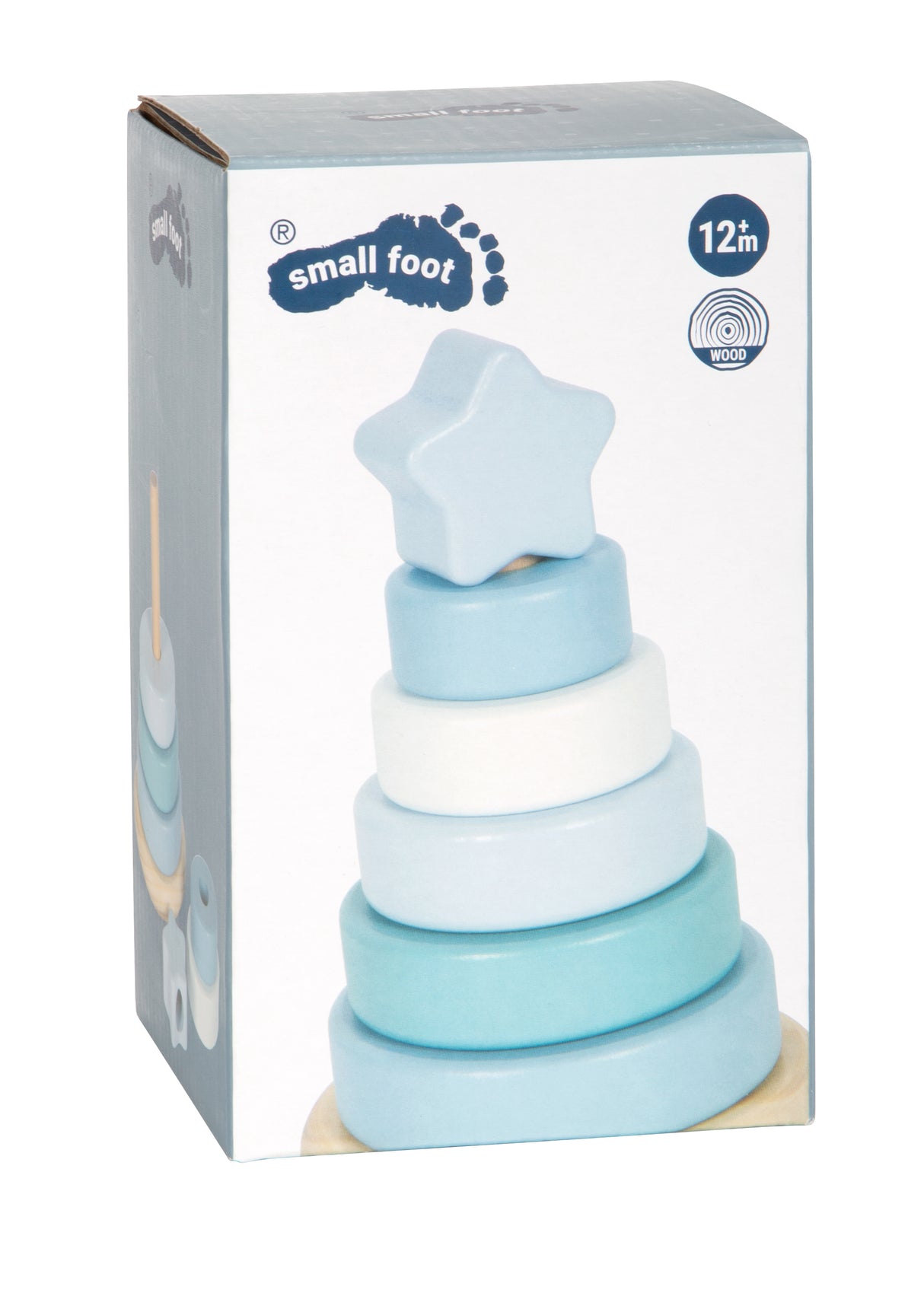 Turn de Stivuit Albastru – Jucărie Educativă din Lemn cu 7 Piese și Steluță, Culori Pastel, Dezvoltă Motricitatea, Cadou pentru Bebeluși