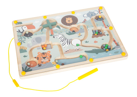 Labirint Magnetic "Safari" FSC 100% – Joc Educativ din Lemn Certificat cu Pix Magnetic, 28 Bile Colorate, Numere și Obstacole