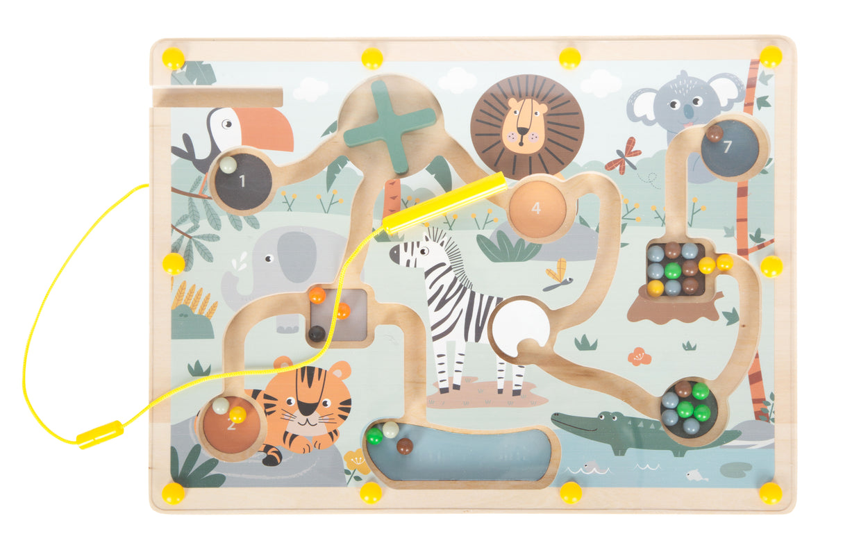 Labirint Magnetic "Safari" FSC 100% – Joc Educativ din Lemn Certificat cu Pix Magnetic, 28 Bile Colorate, Numere și Obstacole