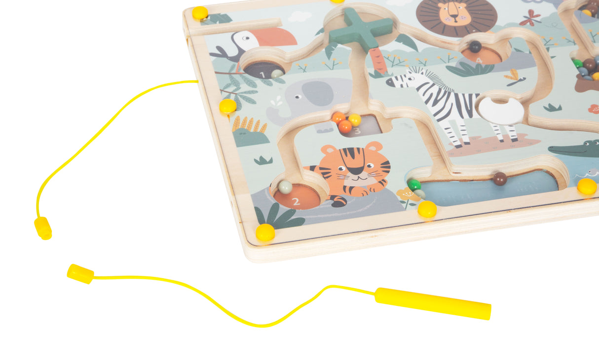 Labirint Magnetic "Safari" FSC 100% – Joc Educativ din Lemn Certificat cu Pix Magnetic, 28 Bile Colorate, Numere și Obstacole