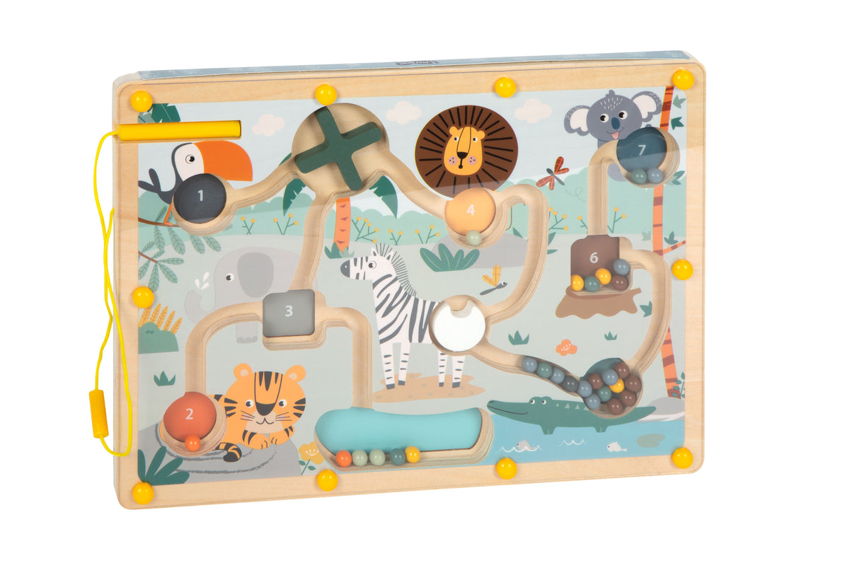 Labirint Magnetic "Safari" FSC 100% – Joc Educativ din Lemn Certificat cu Pix Magnetic, 28 Bile Colorate, Numere și Obstacole