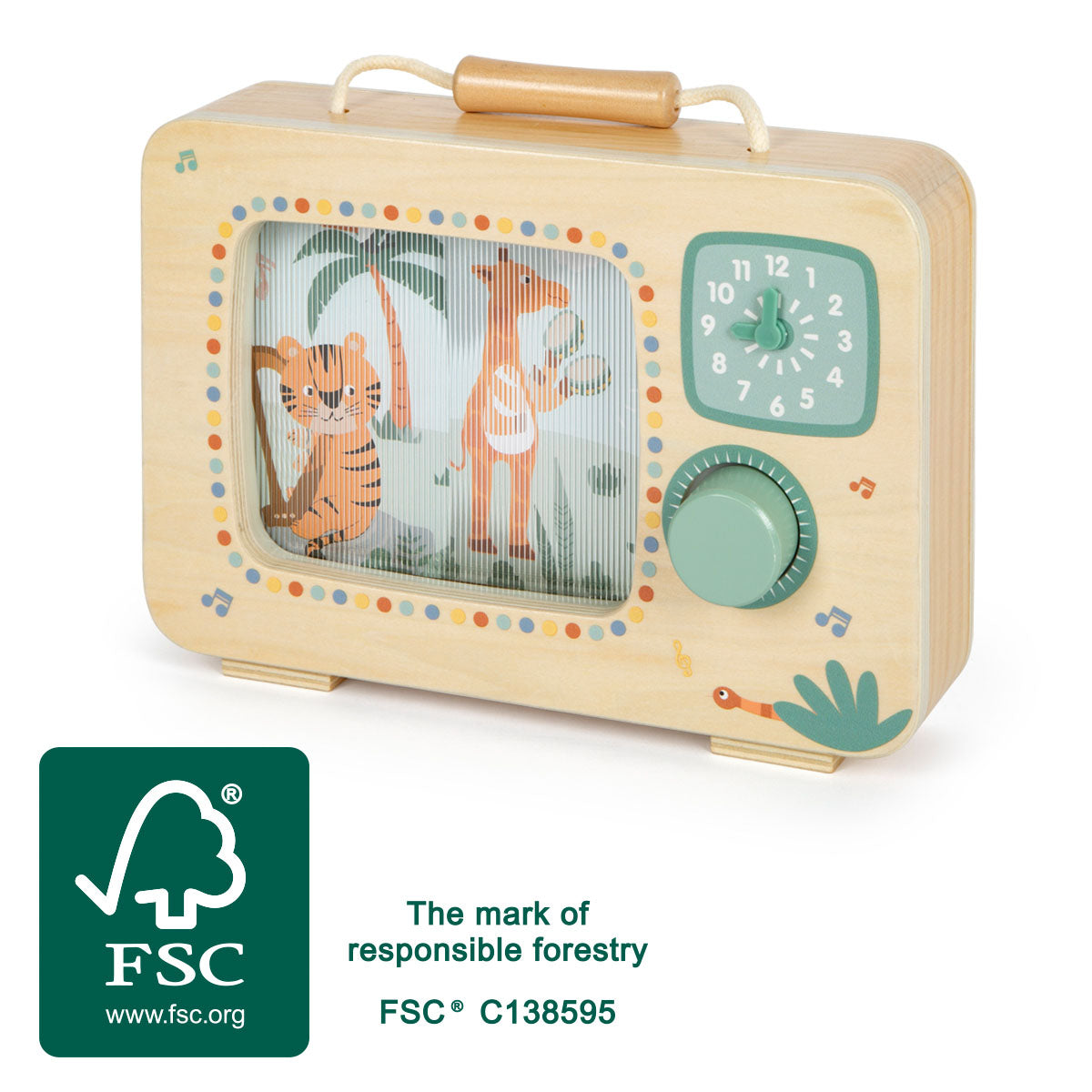Cutiuță Muzicală Televizor "Safari" FSC 100% Small Foot – Jucărie din Lemn Certificat cu Buton Rotativ, Animale Safari Muzica