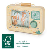 Cutiuță Muzicală Televizor "Safari" FSC 100% Small Foot – Jucărie din Lemn Certificat cu Buton Rotativ, Animale Safari Muzica