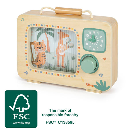 Cutiuță Muzicală Televizor "Safari" FSC 100% Small Foot – Jucărie din Lemn Certificat cu Buton Rotativ, Animale Safari Muzica