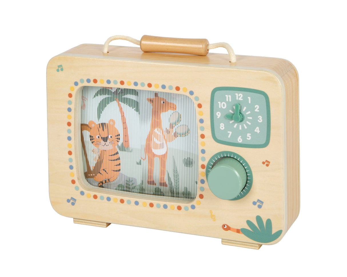 Cutiuță Muzicală Televizor "Safari" FSC 100% – Jucărie din Lemn Certificat cu Buton Rotativ, Animale Safari Muzicale, Ceas și Mâner