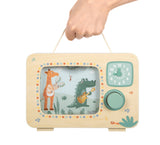 Cutiuță Muzicală Televizor "Safari" FSC 100% – Jucărie din Lemn Certificat cu Buton Rotativ, Animale Safari Muzicale, Ceas și Mâner