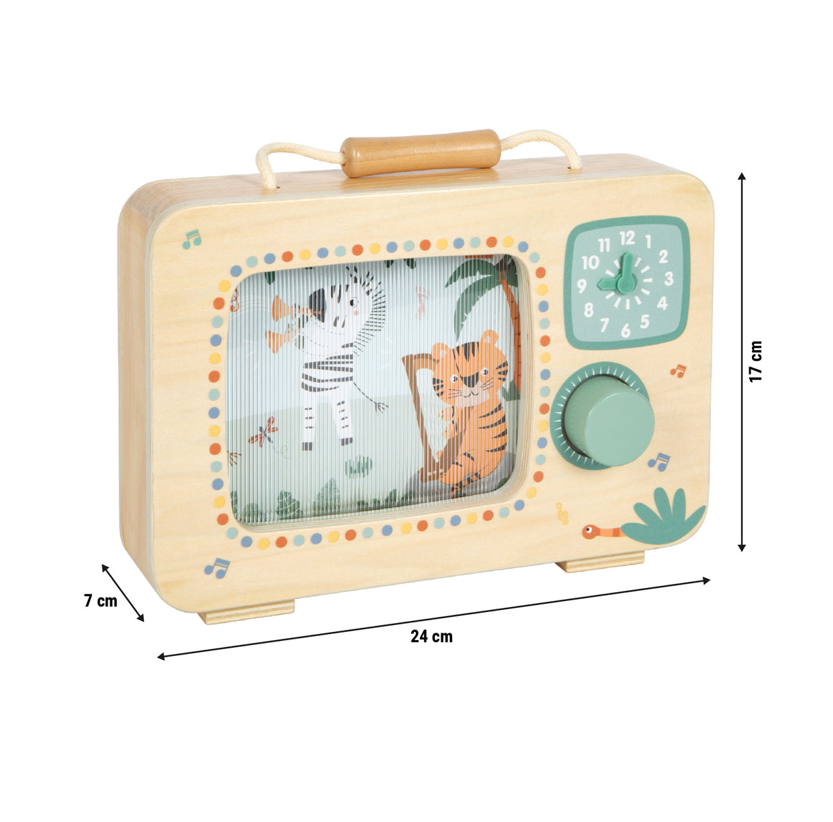 Cutiuță Muzicală Televizor "Safari" FSC 100% – Jucărie din Lemn Certificat cu Buton Rotativ, Animale Safari Muzicale, Ceas și Mâner