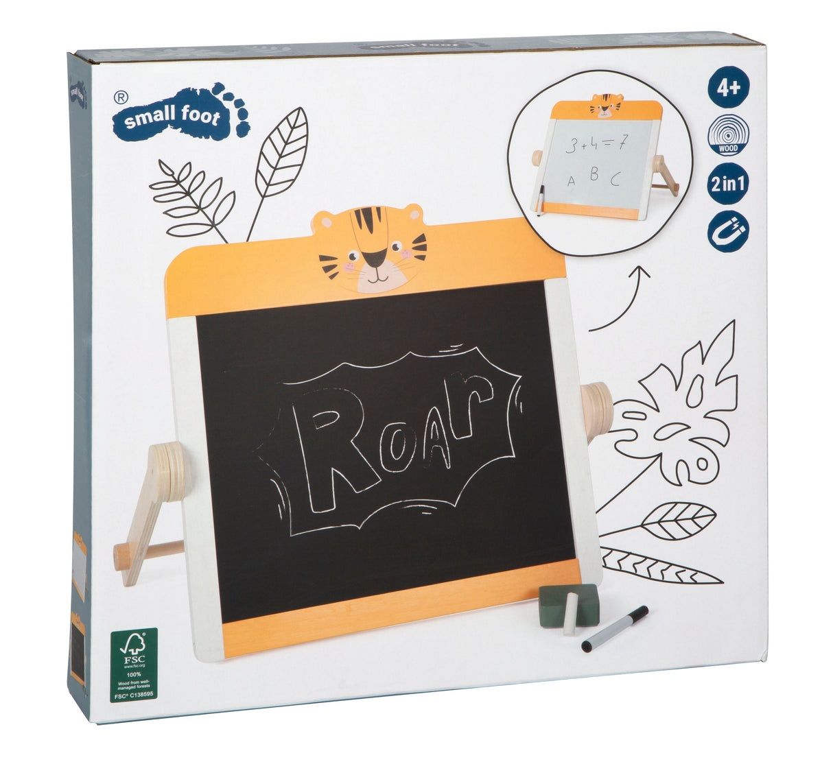 Tablă Creta și Whiteboard "Safari" FSC 100% – Jucărie 2-în-1 din Lemn Certificat pentru Copii, Cu Cretă, Marker și Burete, Design Tigru