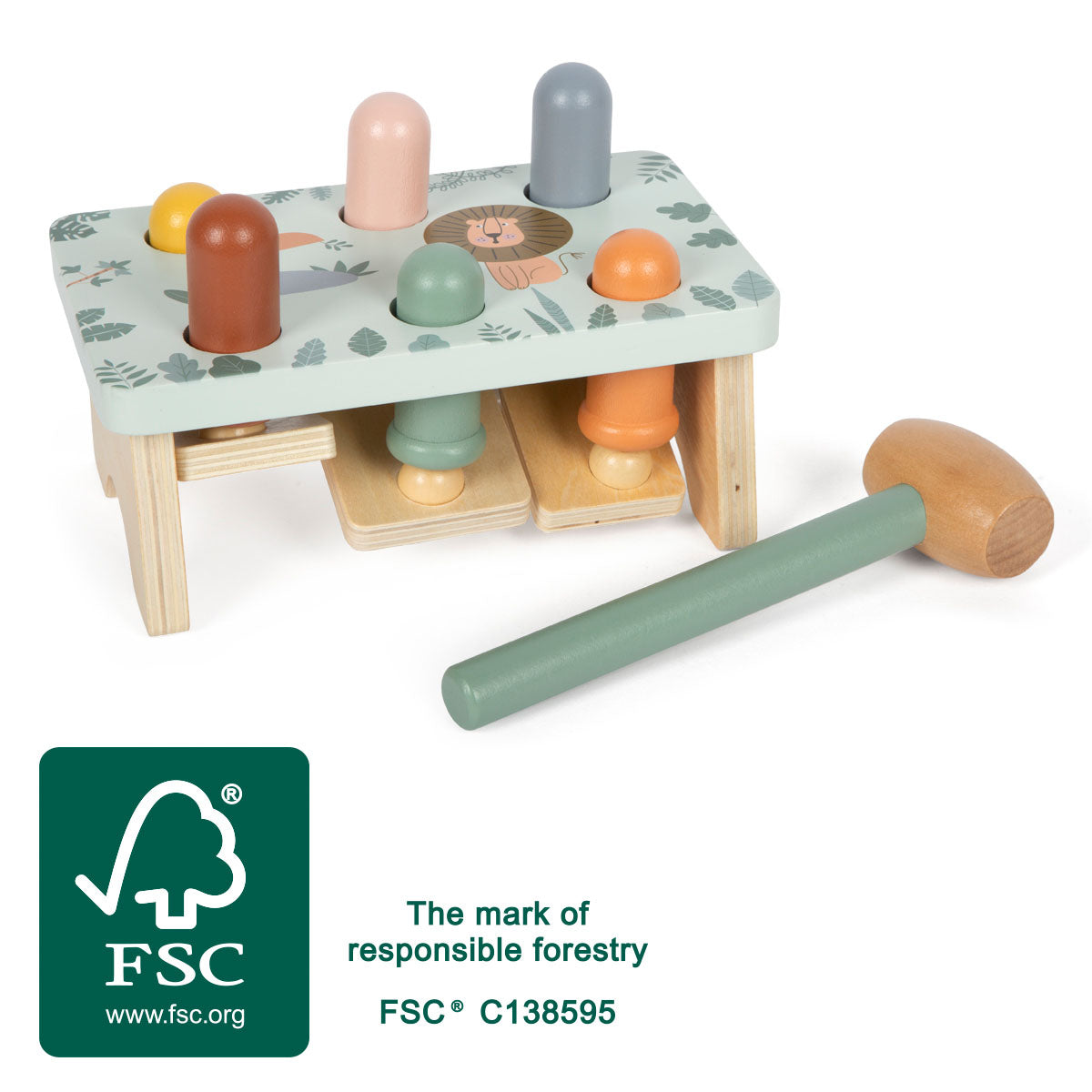 Banc de Ciocănit "Safari" FSC 100% – Jucărie din Lemn Certificat cu Ciocănel Robust, Bețișoare Mobile și Motive cu Animale di