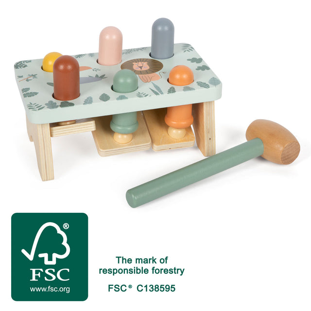 Banc de Ciocănit "Safari" FSC 100% – Jucărie din Lemn Certificat cu Ciocănel Robust, Bețișoare Mobile și Motive cu Animale di