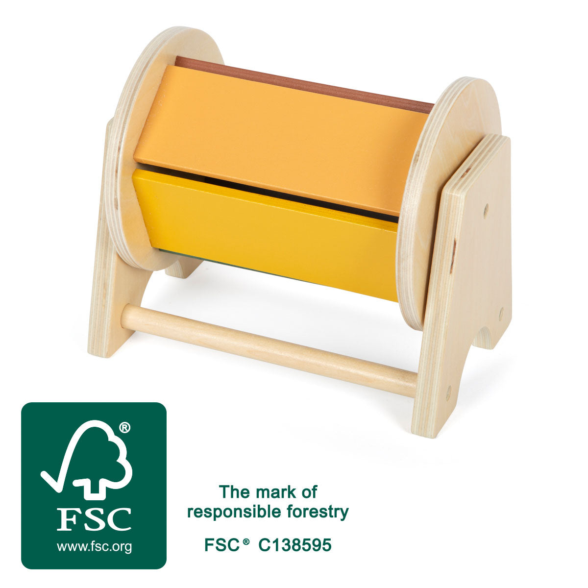 Tobă Rotativă Montessori – Jucărie din Lemn Certificat FSC cu Bilă Sonoră, 5 Fețe Colorate, pentru Bebeluși, Sunet și Mișcare