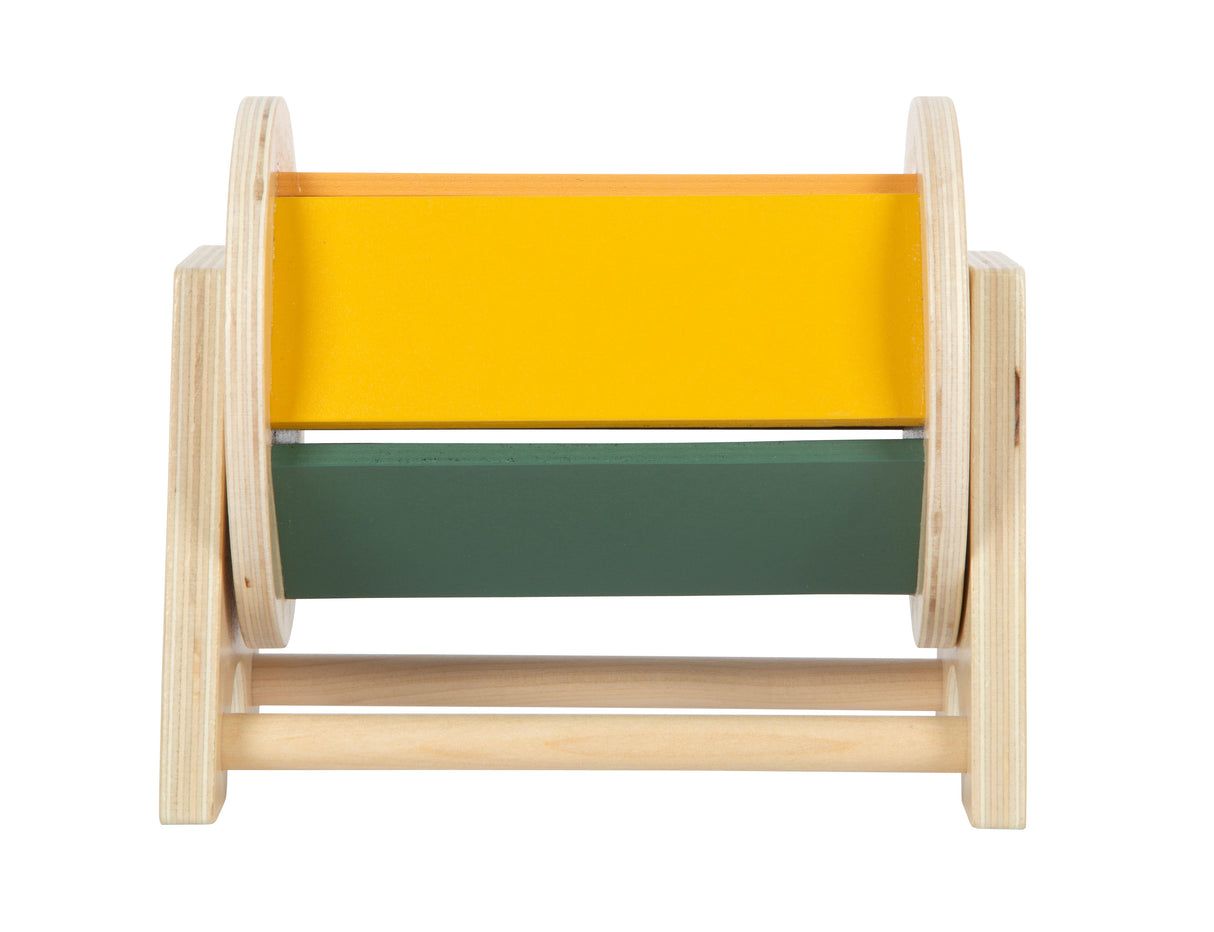 Tobă Rotativă Montessori – Jucărie din Lemn Certificat FSC cu Bilă Sonoră, 5 Fețe Colorate, pentru Bebeluși, Sunet și Mișcare