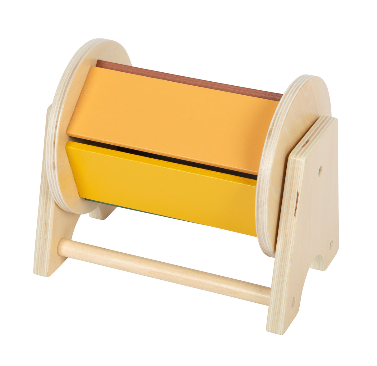 Tobă Rotativă Montessori – Jucărie din Lemn Certificat FSC cu Bilă Sonoră, 5 Fețe Colorate, pentru Bebeluși, Sunet și Mișcare