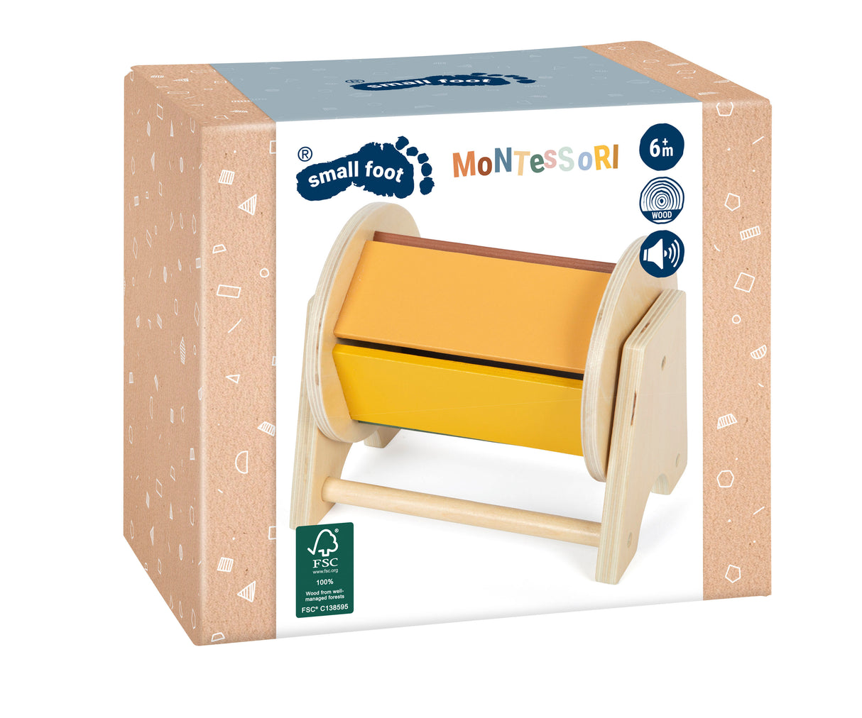 Tobă Rotativă Montessori – Jucărie din Lemn Certificat FSC cu Bilă Sonoră, 5 Fețe Colorate, pentru Bebeluși, Sunet și Mișcare
