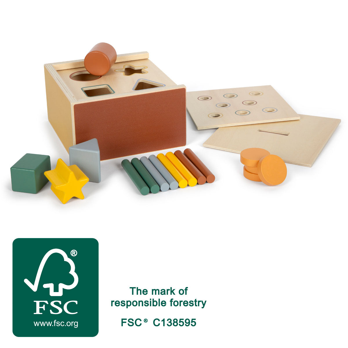 Joc de Potrivire a Formelor Montessori – Cutie din Lemn Certificat FSC cu 3 Capace și Piese de Introdus, Dezvoltă Motricitate