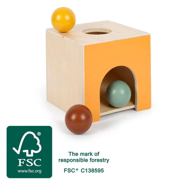Cutie cu Bile Montessori – Jucărie din Lemn Certificat FSC cu 3 Bile, Cutia Permanenței Obiectului, pentru Joacă Independentă