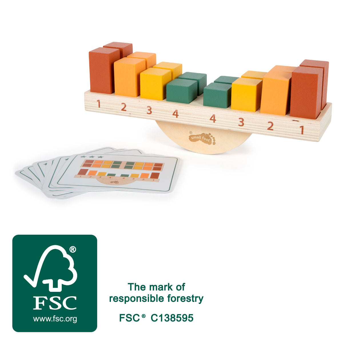 Joc de Echilibru Montessori – Jucărie Educativă din Lemn Certificat FSC, cu Balansoar, 16 Cuburi Colorate și Cartonașe Model