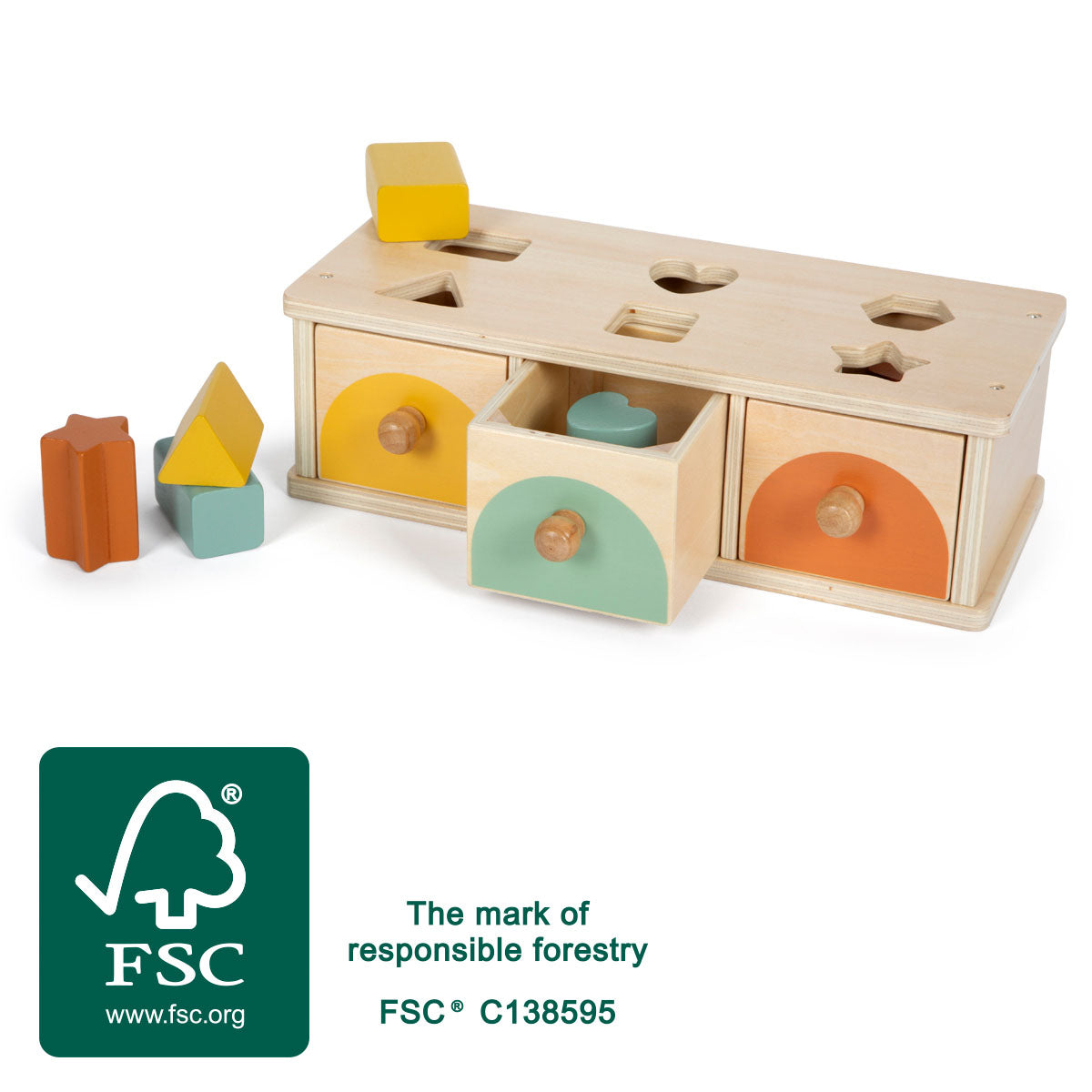 Joc de Sortare Montessori – Cutie din Lemn Certificat FSC cu 3 Sertare Colorate și 6 Forme, pentru Sortat, Potrivit și Învăța