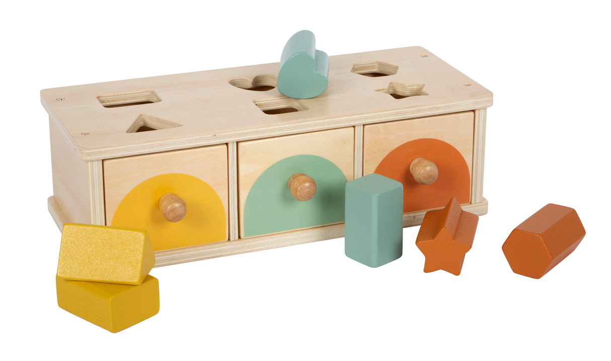 Joc de Sortare Montessori – Cutie din Lemn Certificat FSC cu 3 Sertare Colorate și 6 Forme, pentru Sortat, Potrivit și Învățat Culori