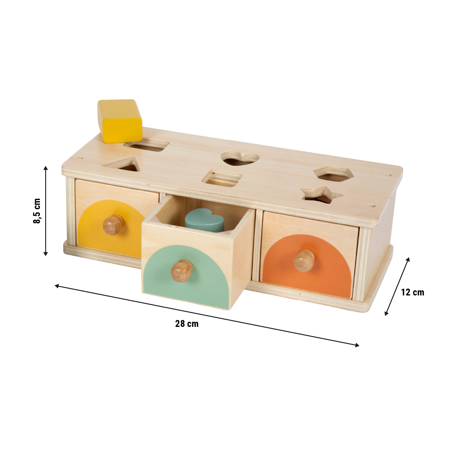 Joc de Sortare Montessori – Cutie din Lemn Certificat FSC cu 3 Sertare Colorate și 6 Forme, pentru Sortat, Potrivit și Învățat Culori