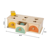 Joc de Sortare Montessori – Cutie din Lemn Certificat FSC cu 3 Sertare Colorate și 6 Forme, pentru Sortat, Potrivit și Învățat Culori