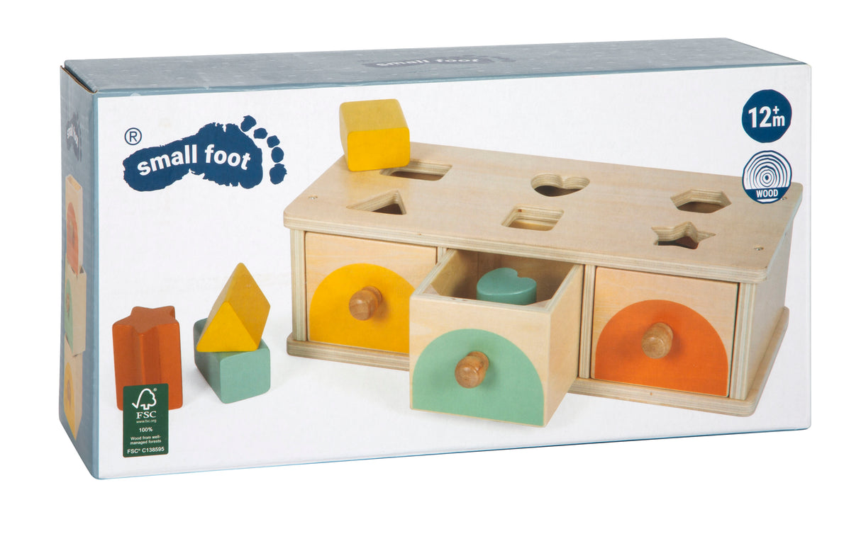 Joc de Sortare Montessori – Cutie din Lemn Certificat FSC cu 3 Sertare Colorate și 6 Forme, pentru Sortat, Potrivit și Învățat Culori