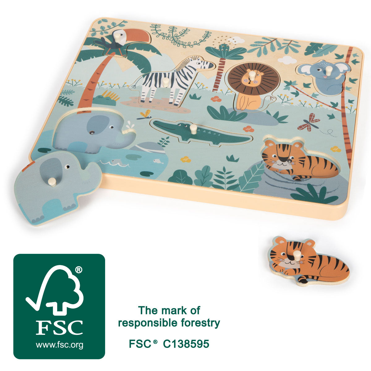 Puzzle cu Sunete de Animale "Safari" – Puzzle Interactiv din Lemn Certificat FSC, 7 Piese cu Sunete Realiste de Animale, pent
