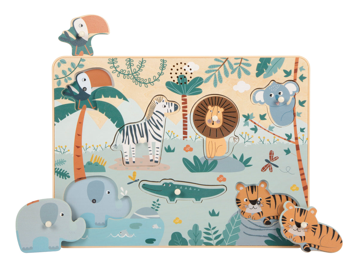 Puzzle cu Sunete de Animale "Safari" – Puzzle Interactiv din Lemn Certificat FSC, 7 Piese cu Sunete Realiste de Animale, pentru Bebeluși