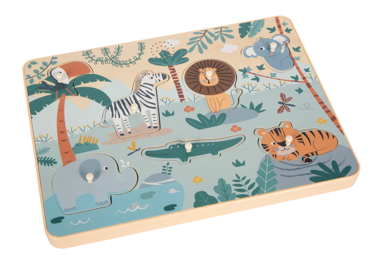 Puzzle cu Sunete de Animale "Safari" – Puzzle Interactiv din Lemn Certificat FSC, 7 Piese cu Sunete Realiste de Animale, pentru Bebeluși