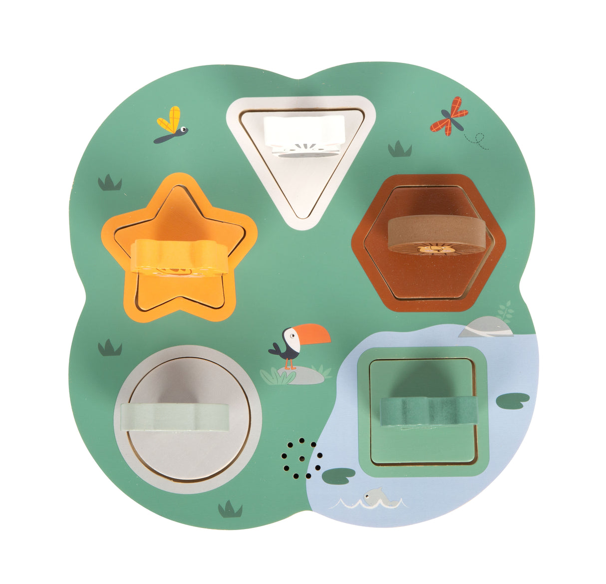 Puzzle 3D cu Sunete de Animale "Safari" – Puzzle Interactiv din Lemn Certificat FSC, 5 Animale cu Sunete Caracteristice și Forme Geometrice, pentru Bebeluși