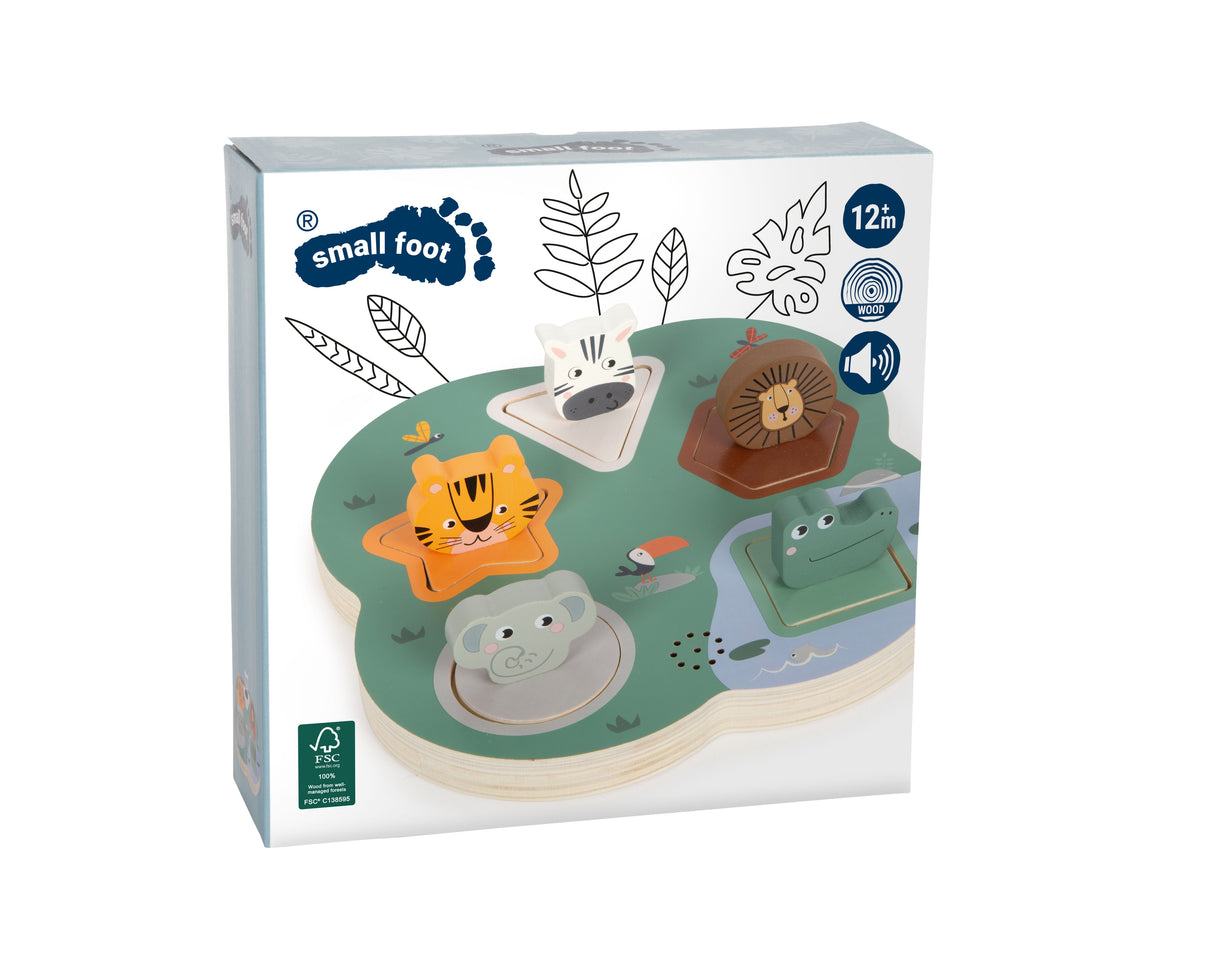 Puzzle 3D cu Sunete de Animale "Safari" – Puzzle Interactiv din Lemn Certificat FSC, 5 Animale cu Sunete Caracteristice și Forme Geometrice, pentru Bebeluși