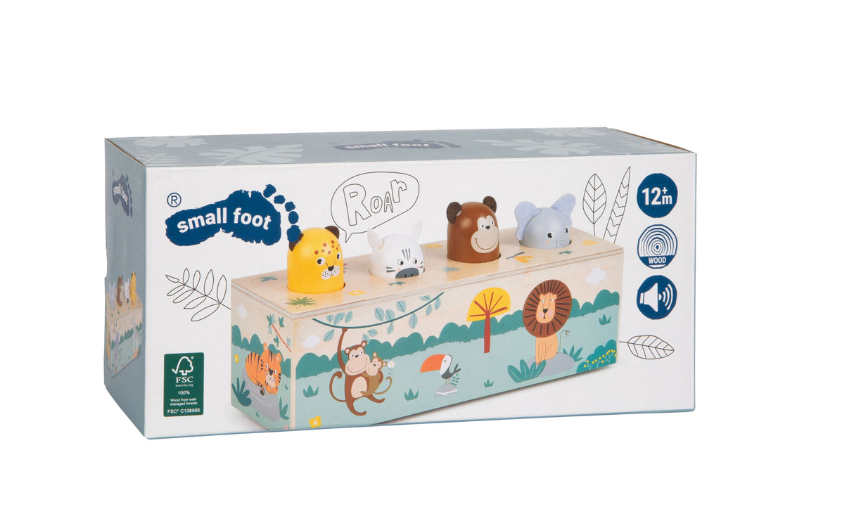 Animale cu Sunete "Safari" – Jucărie Interactivă din Lemn Certificat FSC, 4 Animale care Scot Sunete, Efect Pop-Up, pentru Bebeluși