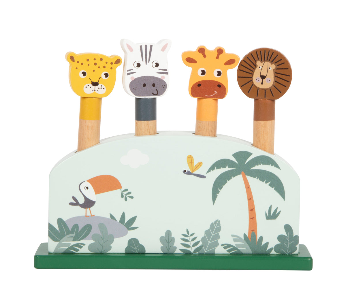 Animale Săltărețe "Safari" – Joc de Potrivire din Lemn Certificat FSC cu Mecanism cu Arc, 4 Animale care Sar la Apăsare, pentru Bebeluși